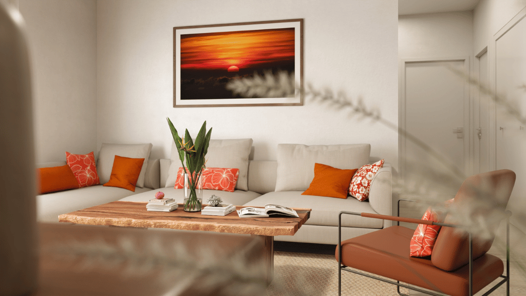 Interior living room open to kitchen