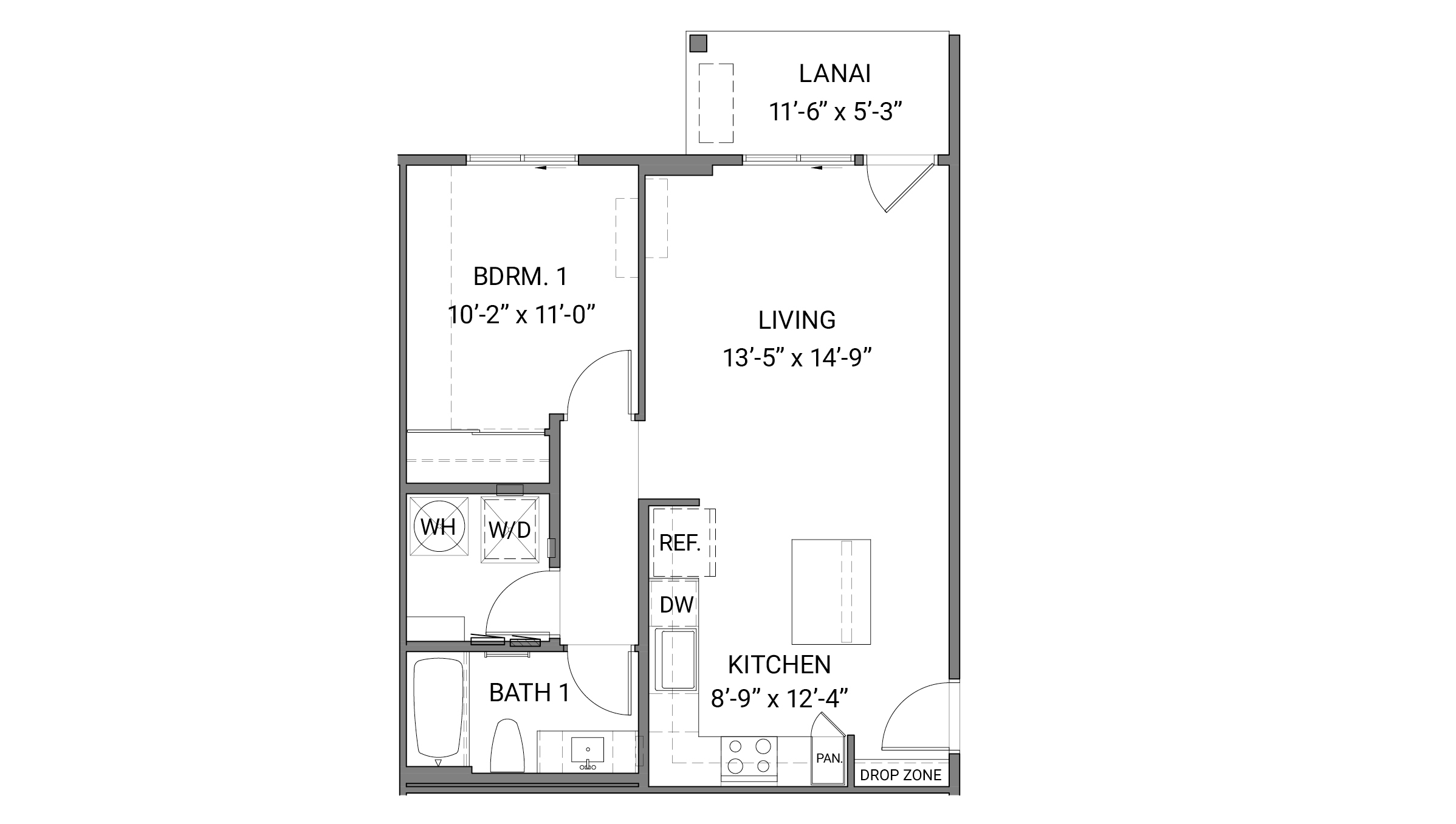 Interior one bedroom floorplan drawing