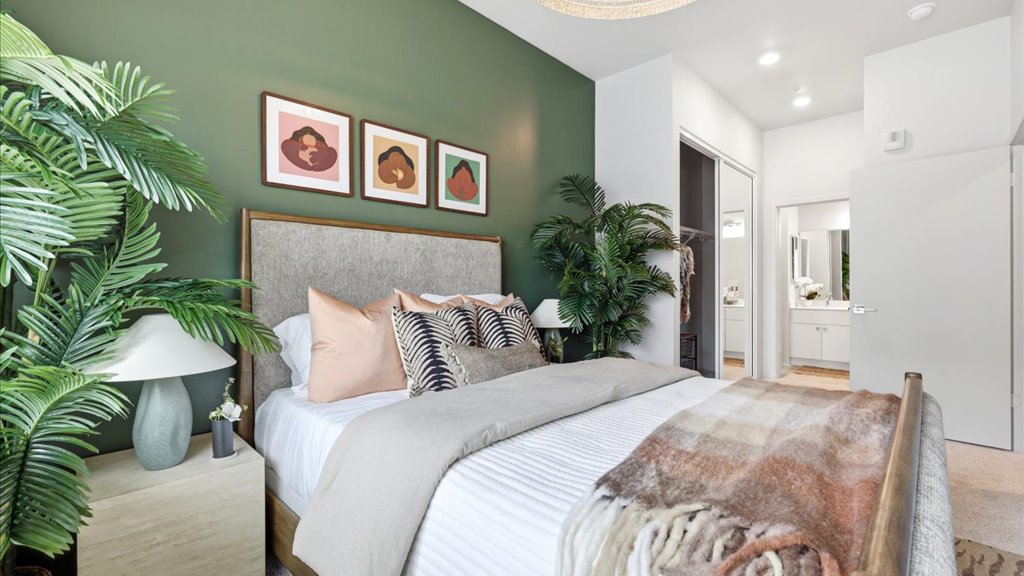 Interior bedroom with sliding door closet