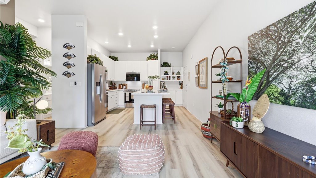 Interior living room open to kitchen