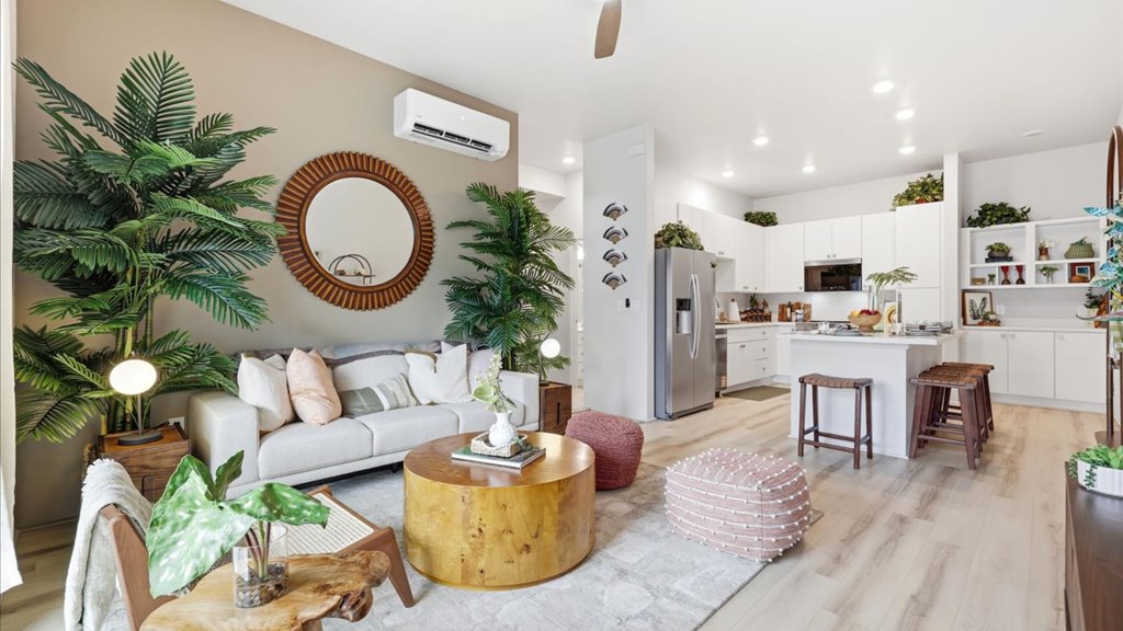 Interior living room open to kitchen