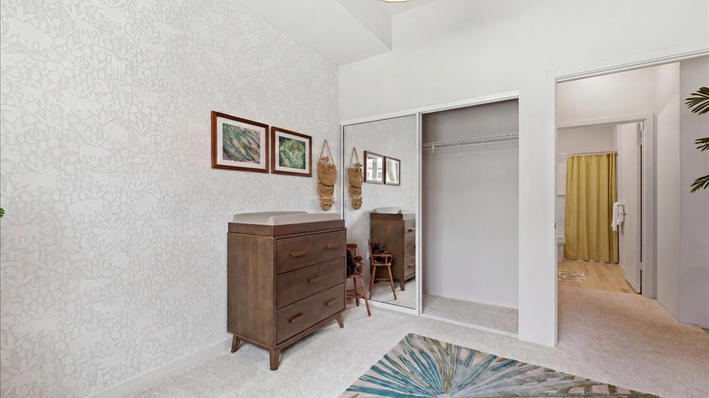 Interior bedroom with sliding door closet