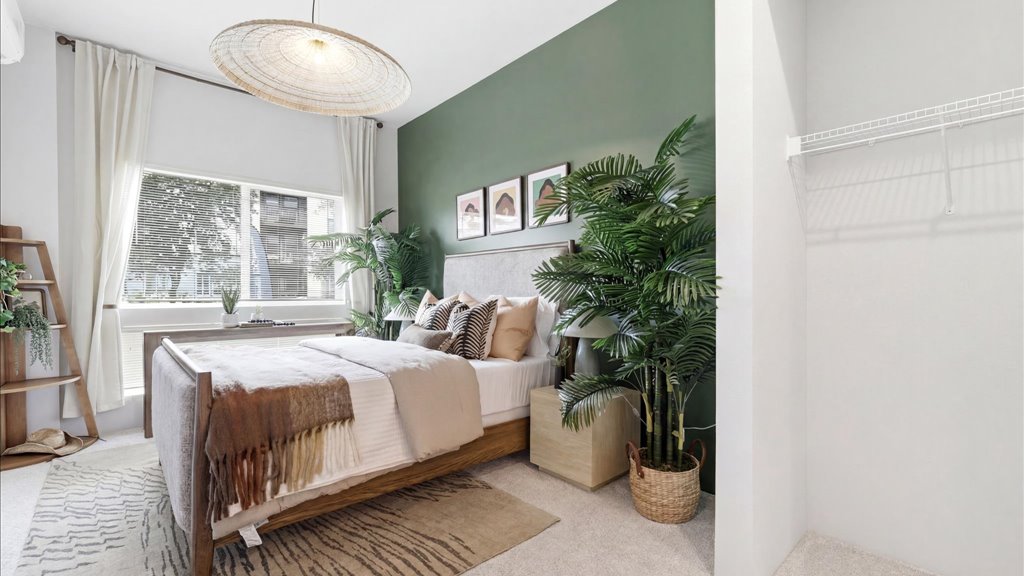 Interior bedroom with large window