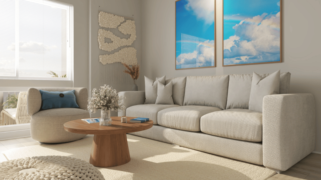 Interior living room open to kitchen