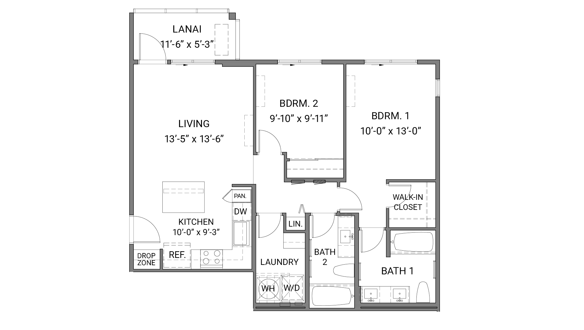 This single story, two bedroom, two bathroom interior drawing