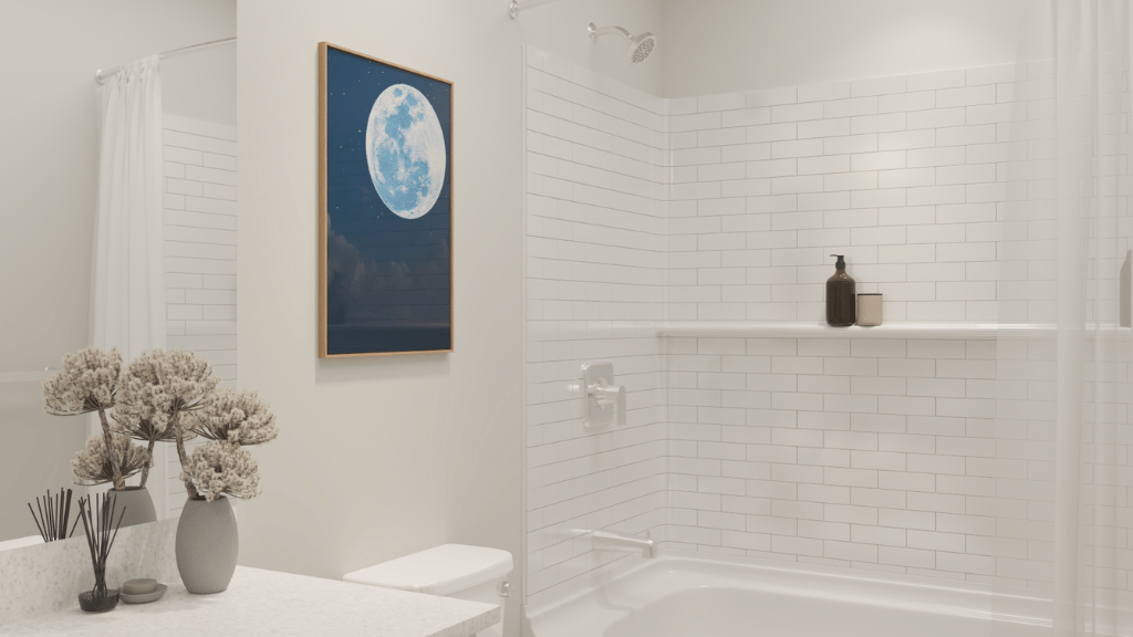 Interior shower tub and toilet and vanity sink