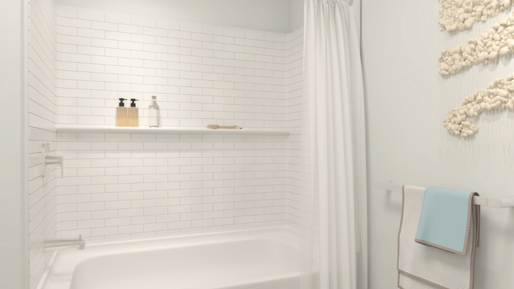 Interior shower tub and toilet and vanity sink