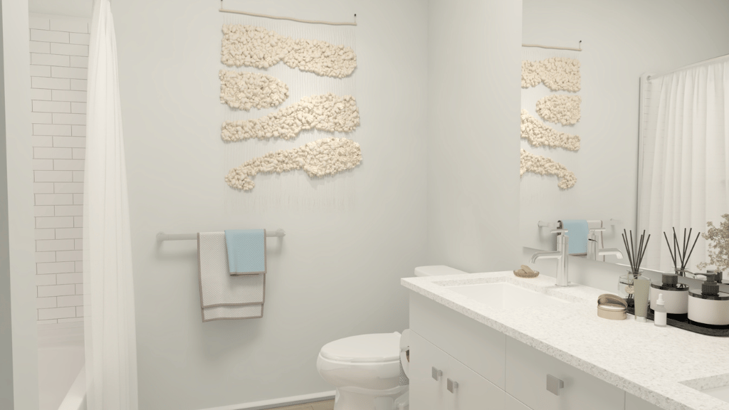 Interior shower tub and toilet and vanity sink