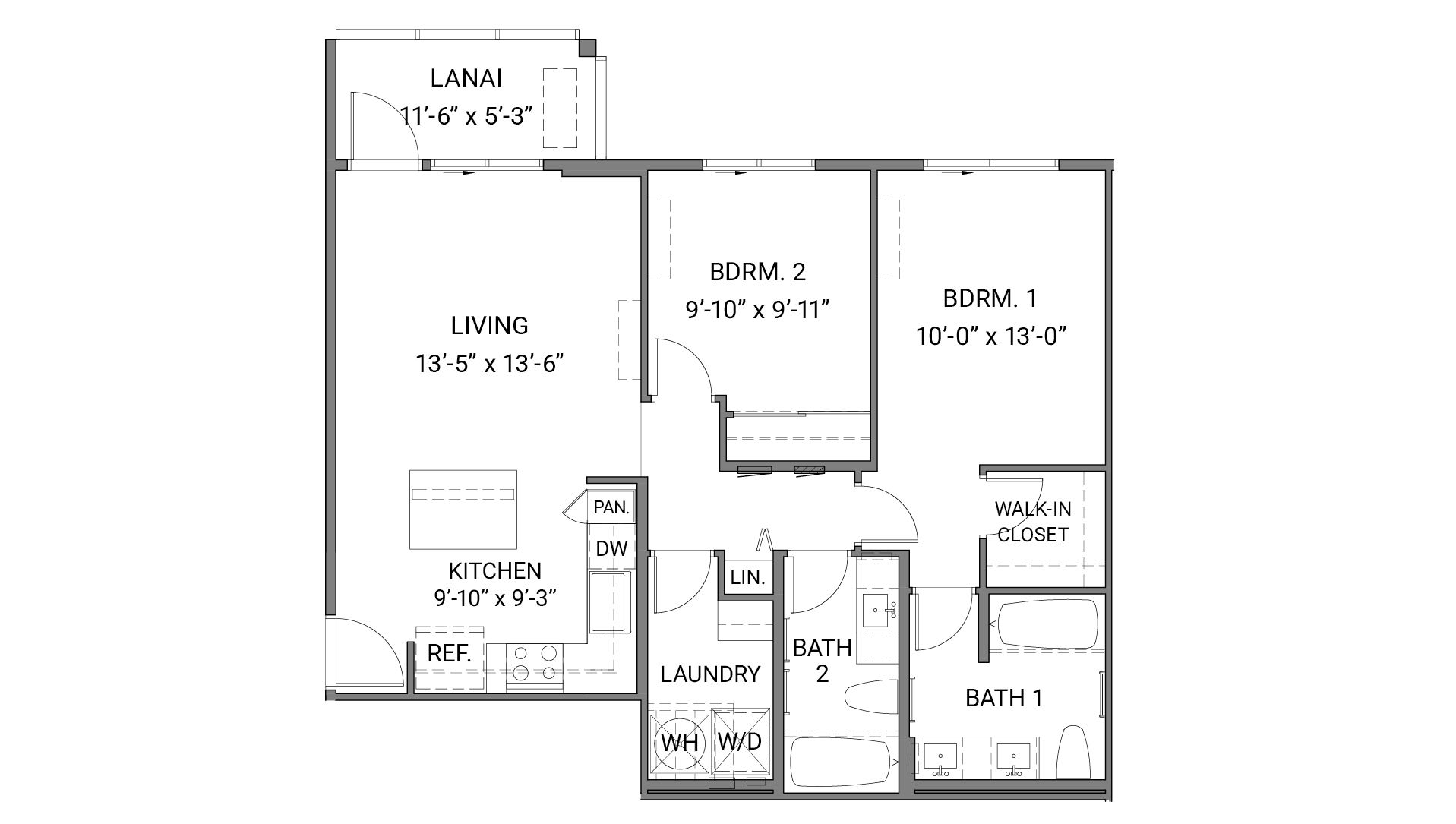 This single story, two bedroom, two bathroom interior drawing