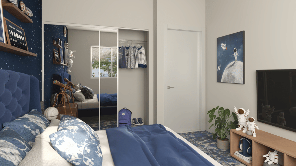 Interior bedroom with sliding door closet