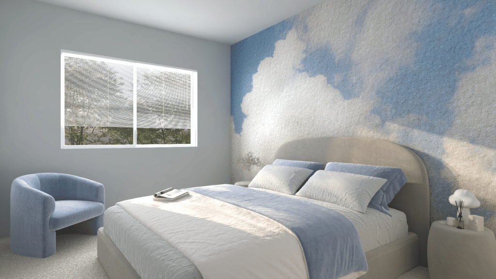 Interior bedroom with large window