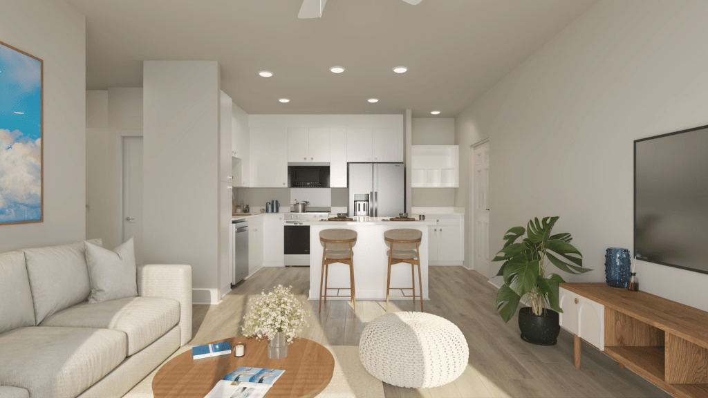 Interior living room open to kitchen