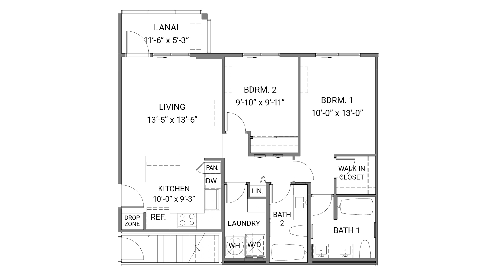 Interior floorplan drawing two bedroom two bathroom home single story
