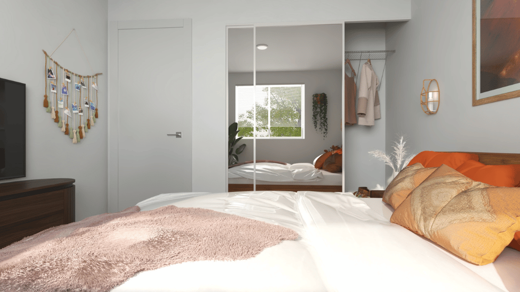 Interior bedroom with sliding door closet