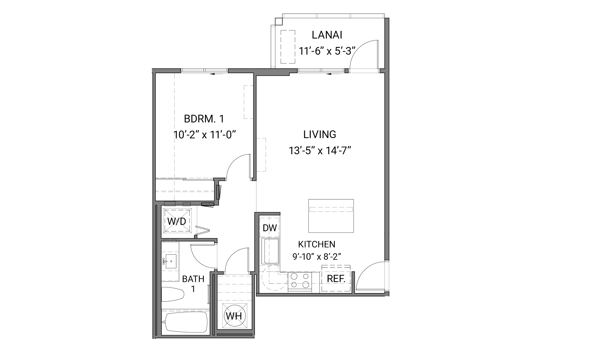 Interior floorplan drawing one bedroom one bathroom single story home