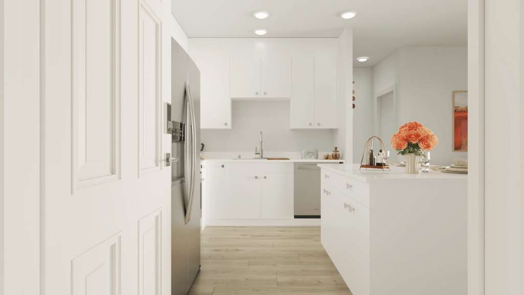 Interior entrance to Interior kitchen with stainless steel appliances