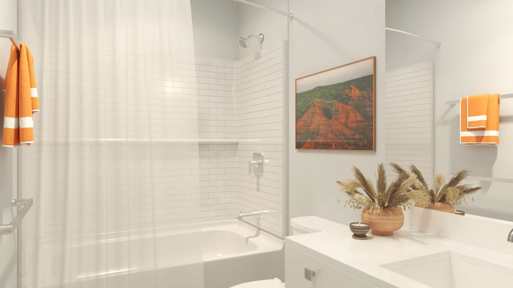 Interior bathroom with vanity sink toilet and shower