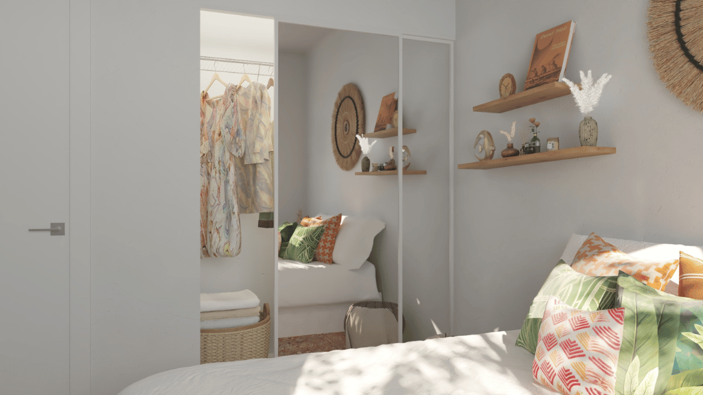 Interior bedroom with sliding door closet