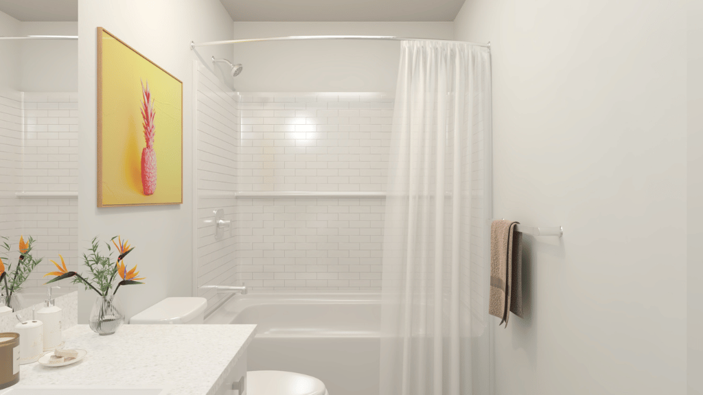 Interior bathroom with vanity sink toilet and shower