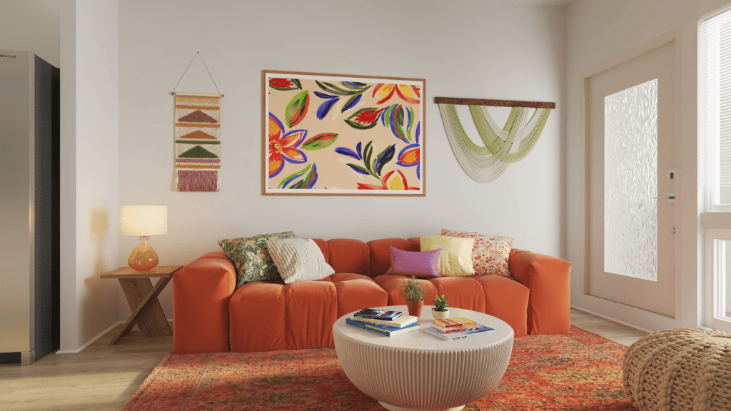 Interior rendering living room open to outside