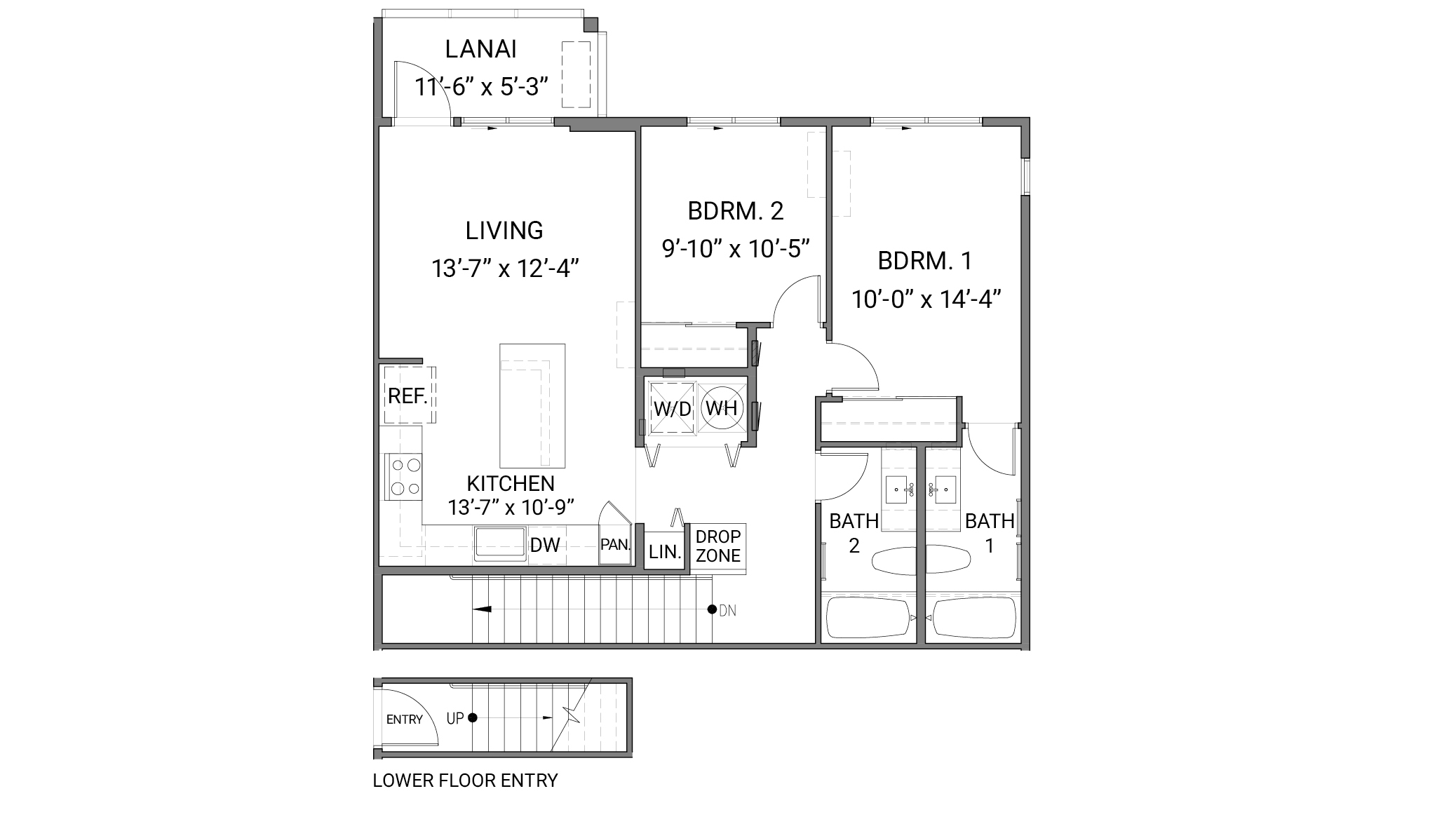 Interior floorplan drawing two bedroom two bathroom two story home