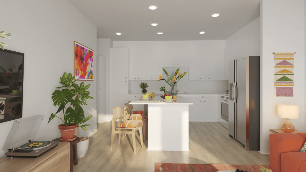Interior living room open to kitchen