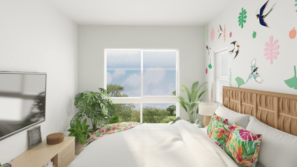 Interior bedroom with large window