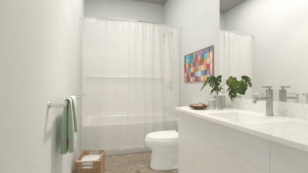 Interior bathroom with vanity sink toilet and shower