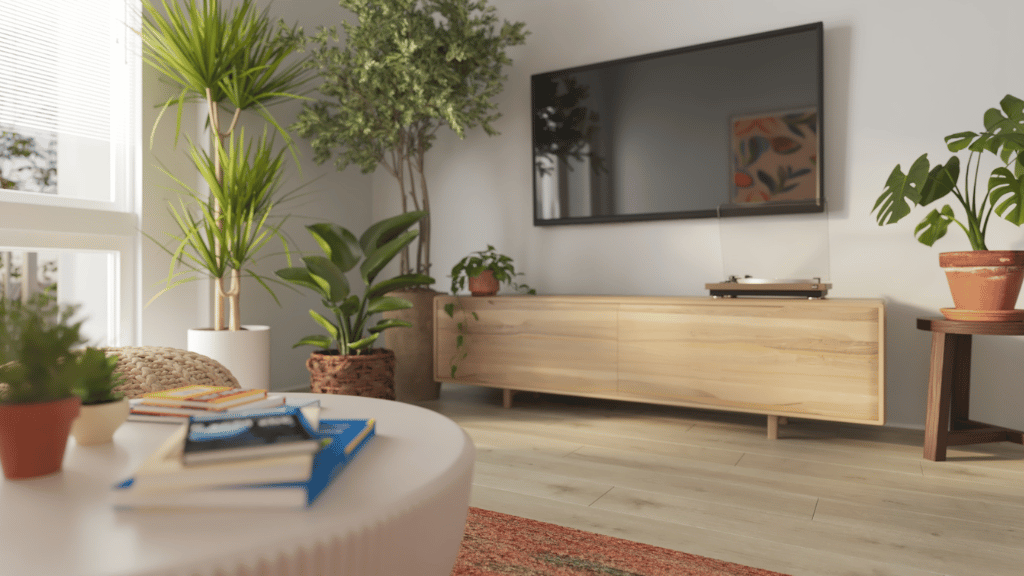 Interior living room open to kitchen