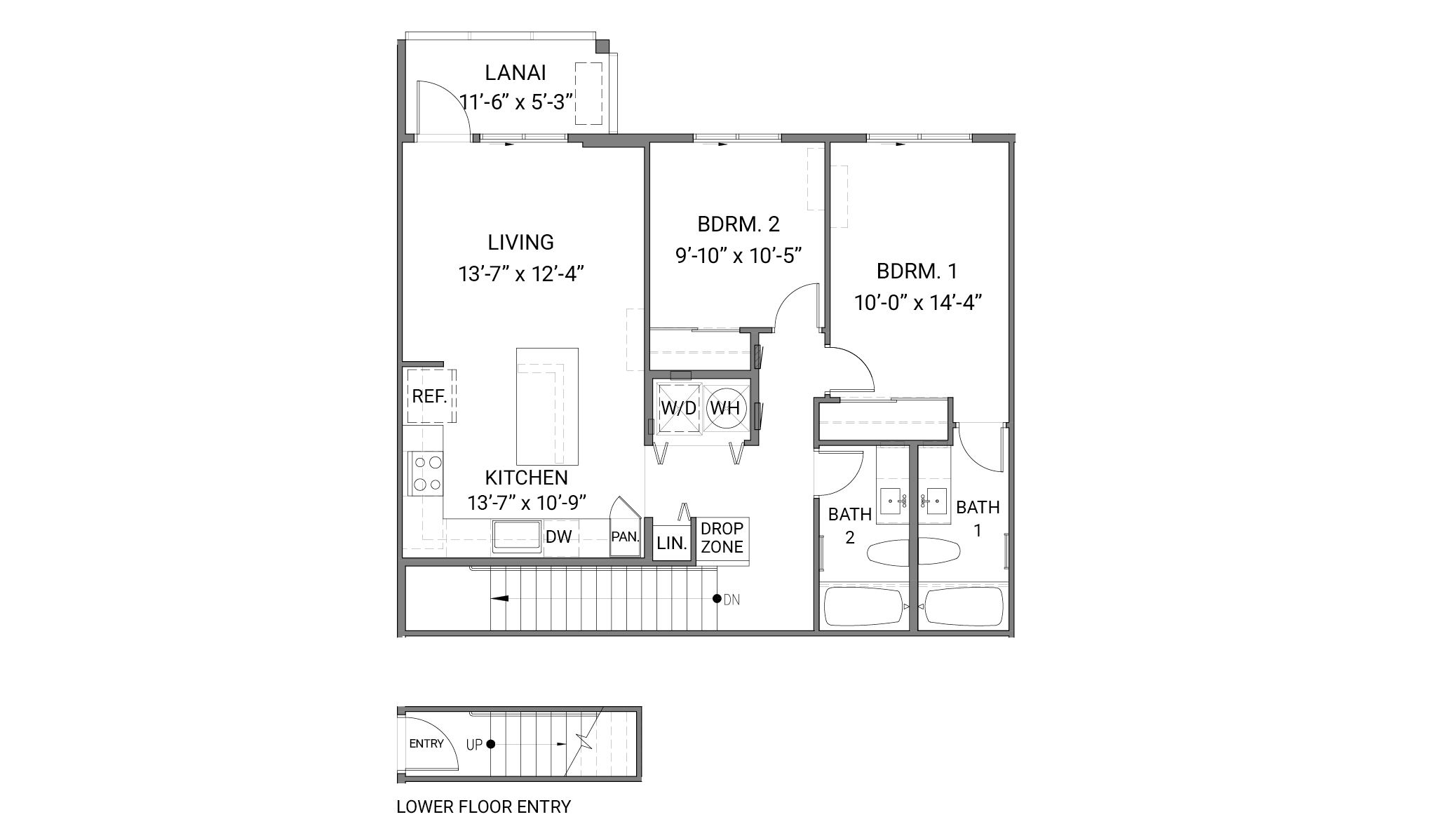 Interior floorplan drawing two bedroom two bathroom two story home