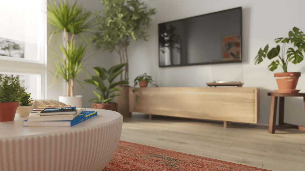 Interior living room open to kitchen