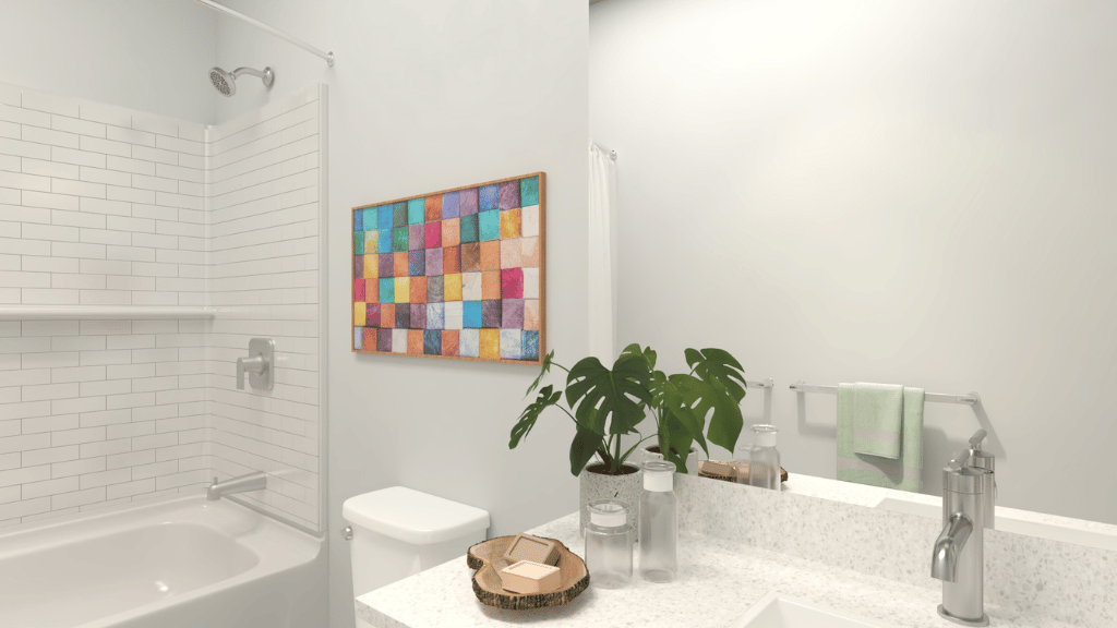 Interior bathroom with vanity sink toilet and shower
