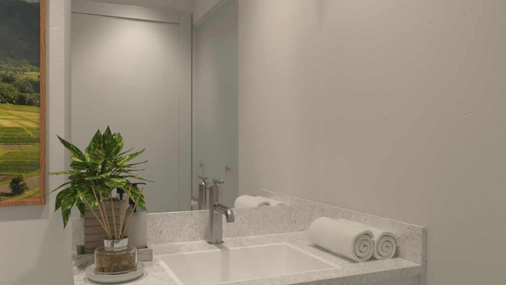 Interior bathroom with vanity sink toilet and shower