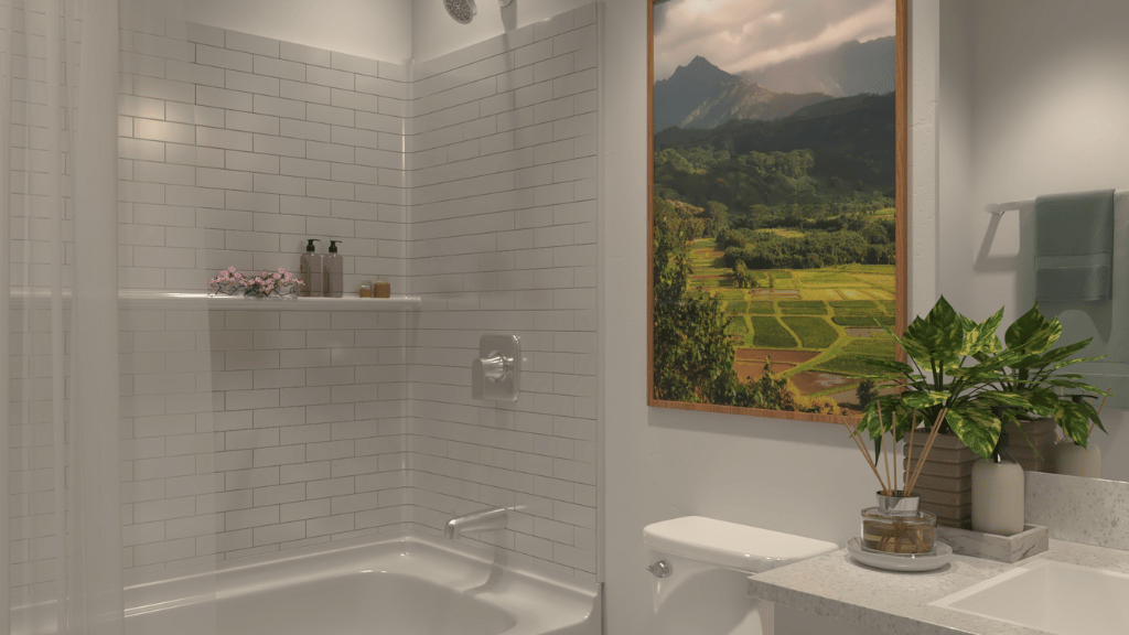 Interior bathroom with vanity sink toilet and shower