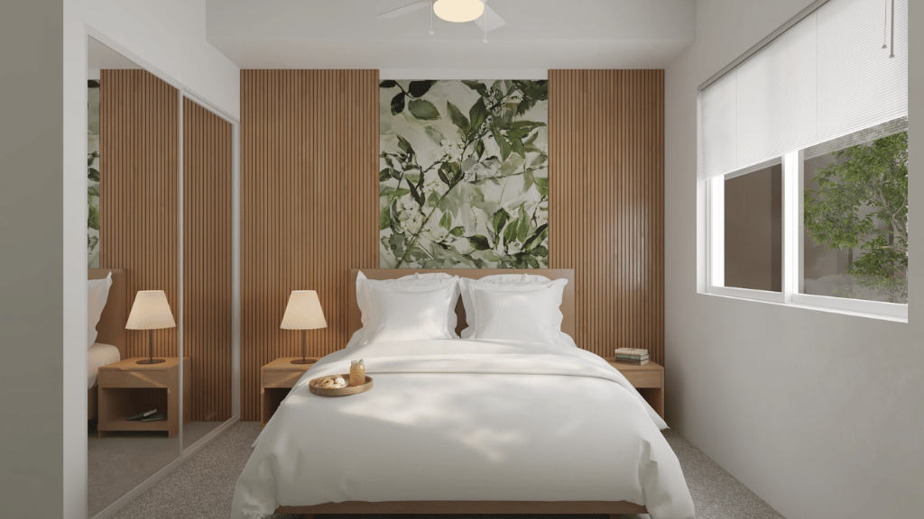 Interior bedroom with sliding door closet