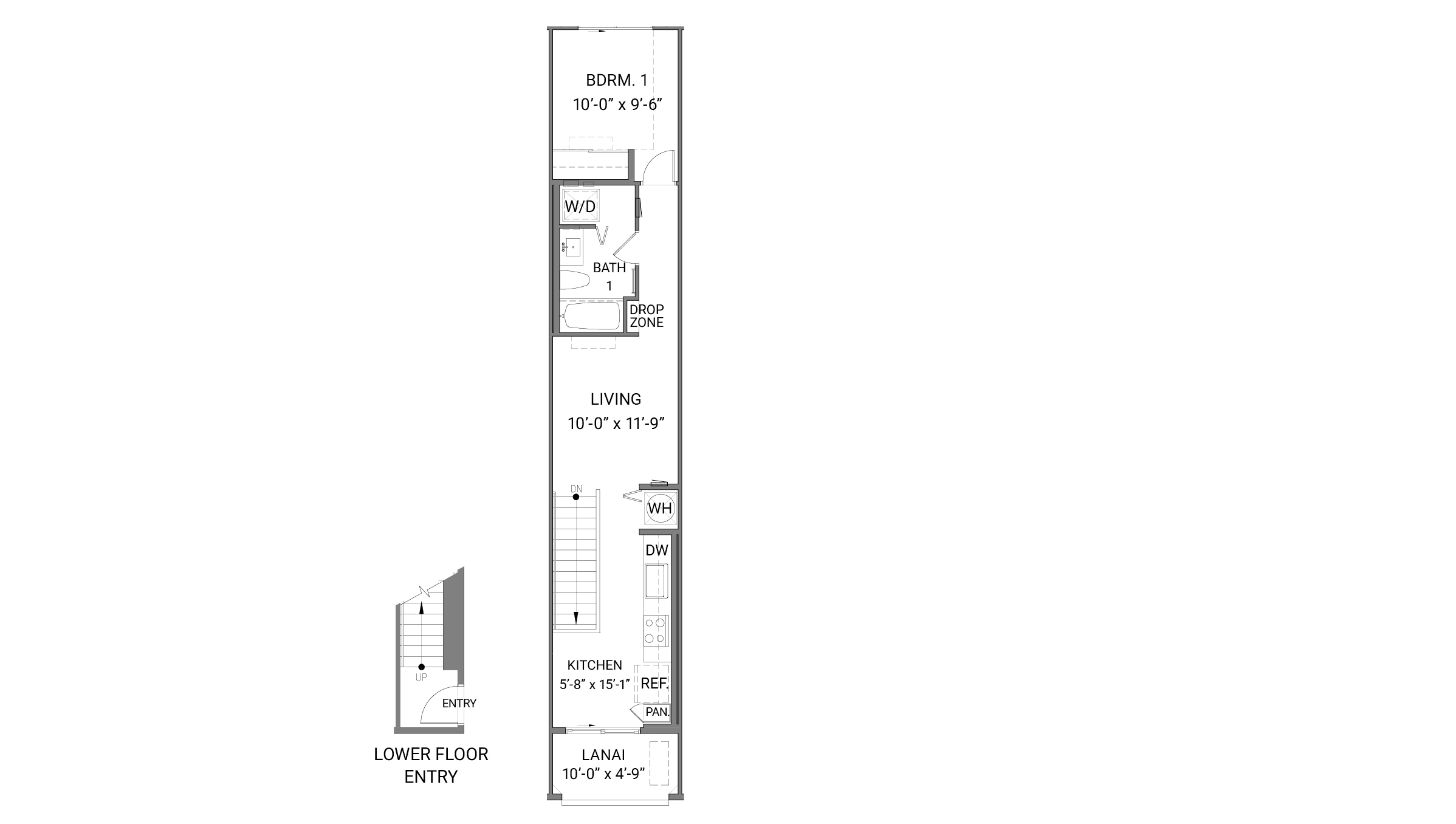 Interior floorplan drawing one bedroom one bathroom one story home