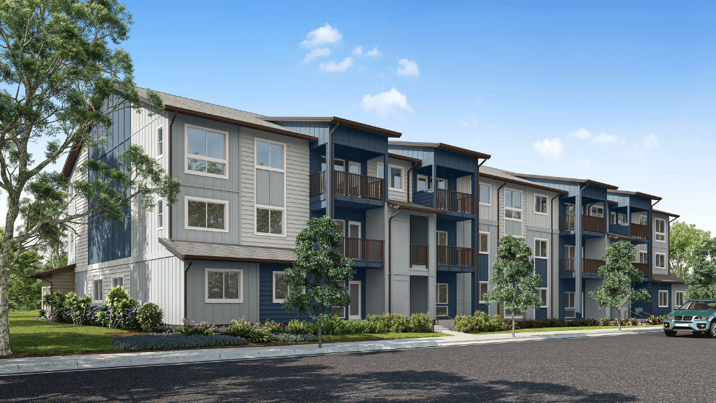 Exterior three story building with blue and gray wood cladding