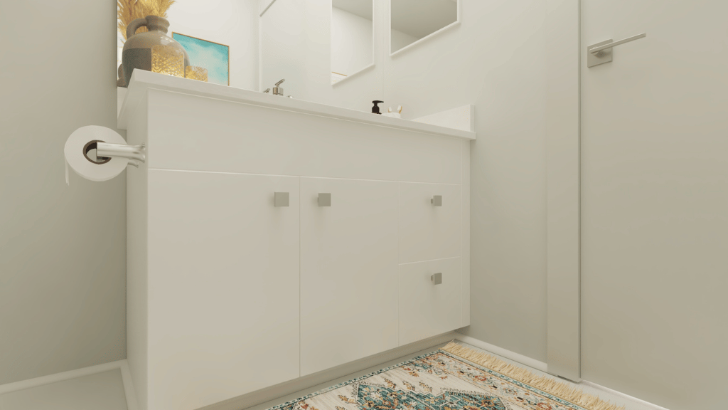 Interior bathroom with vanity sink toilet and shower