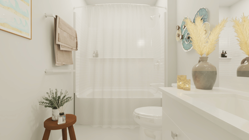 Interior bathroom with vanity sink toilet and shower