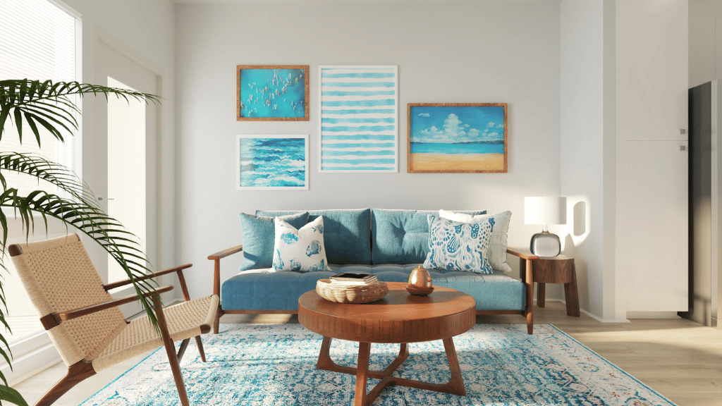 Interior rendering living room open to outside and kitchen