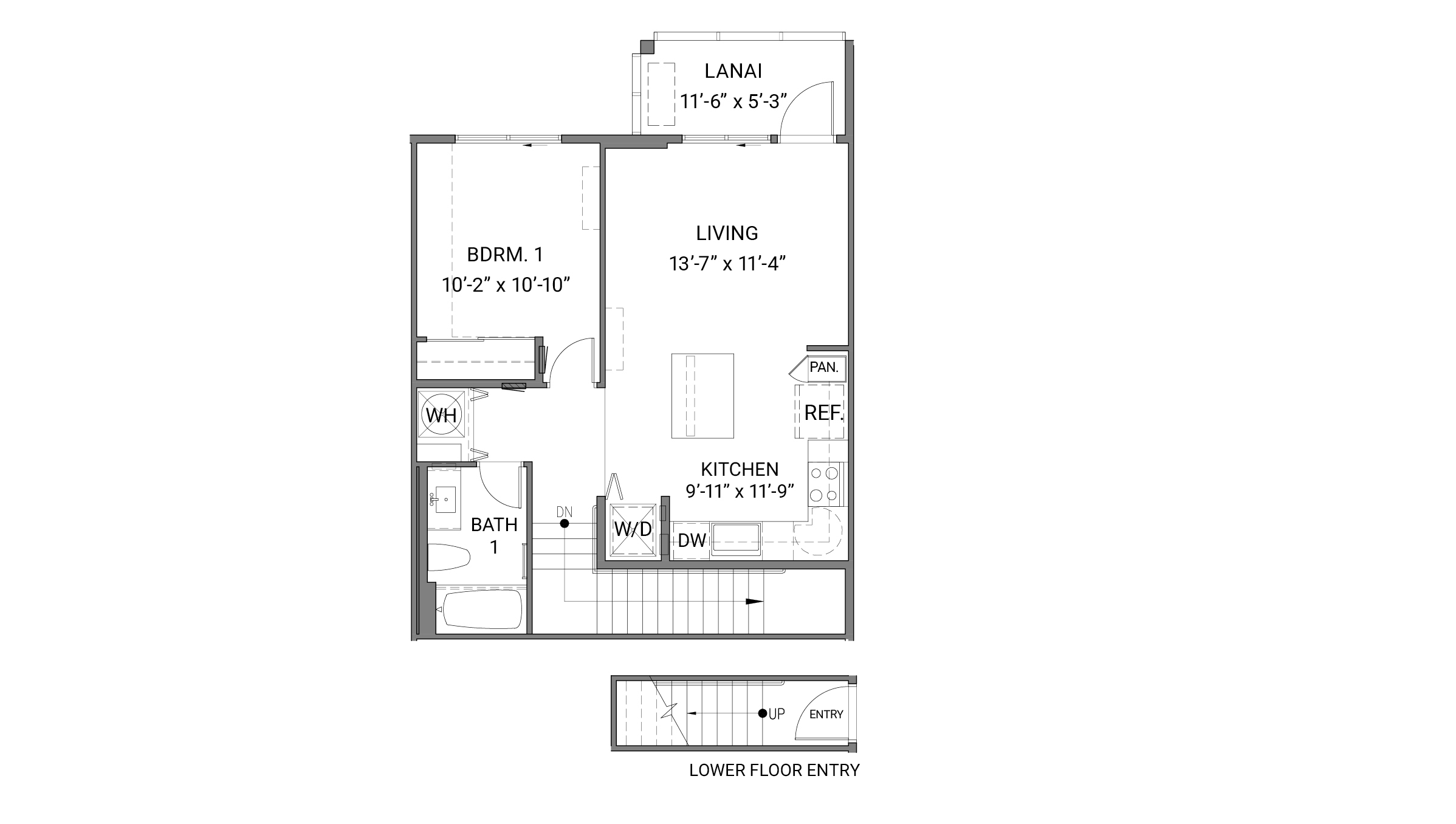 Interior one bedroom one bathroom floorplan drawing two story home