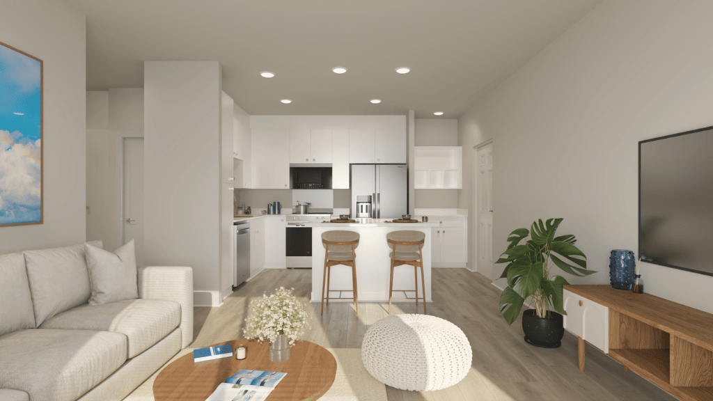 Interior living room open to kitchen with stainless steel appliances