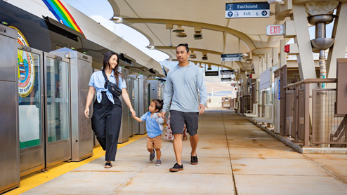 Community amenity rail station family walking by the railway skyline