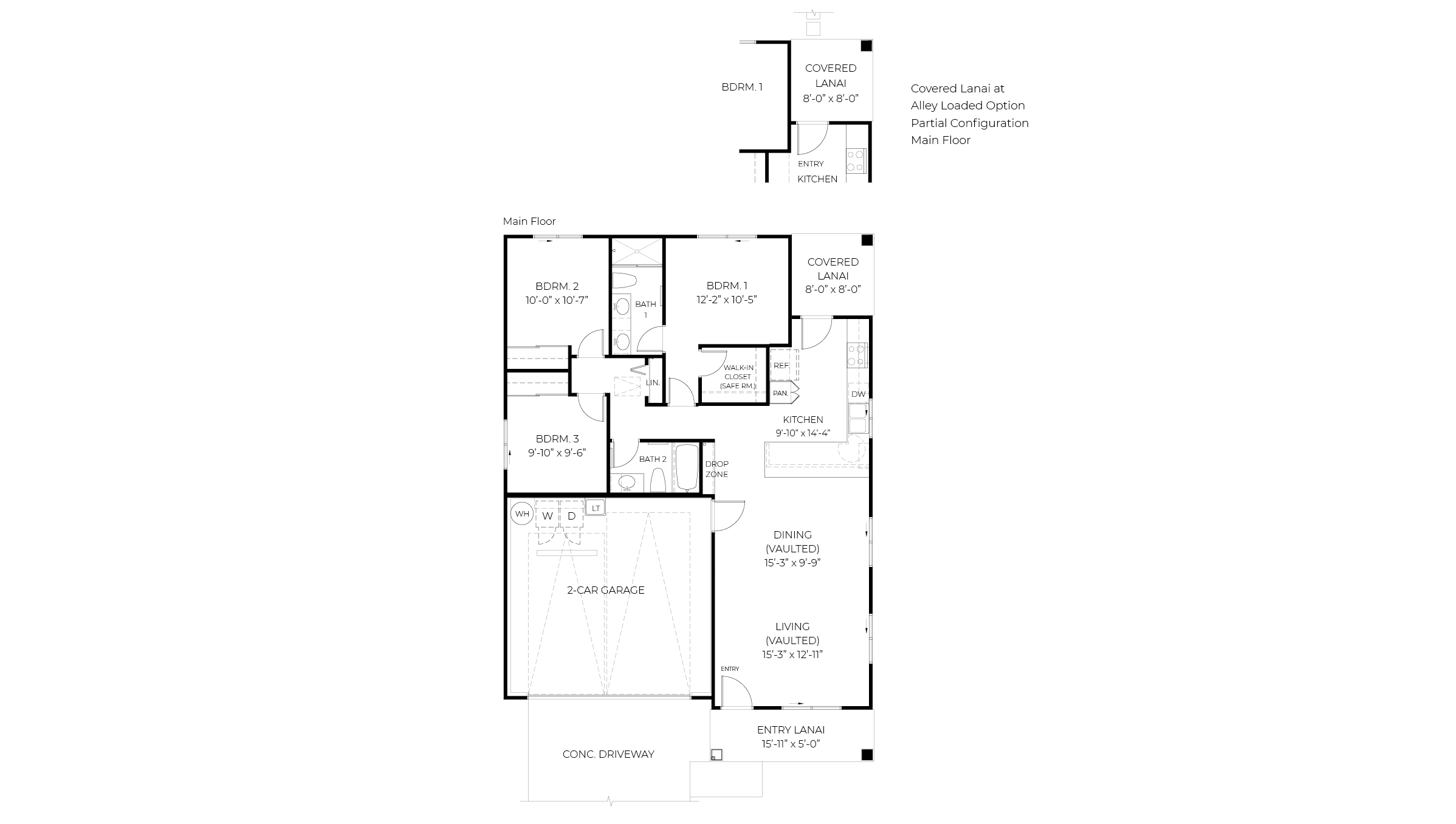 one story floor plan with 2two bedrooms and two car garage