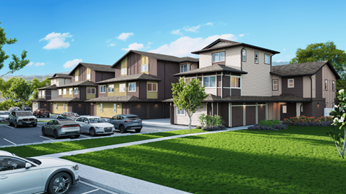 Exterior three story condominium building with large windows and yellow and brown wood cladding