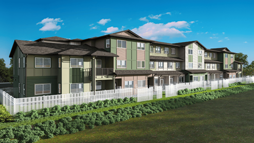 Exterior three story condominium building with large windows and yellow and brown wood cladding