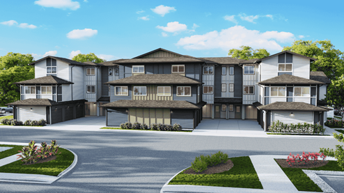 Exterior three story condominium building with large windows and tan and blue wood cladding