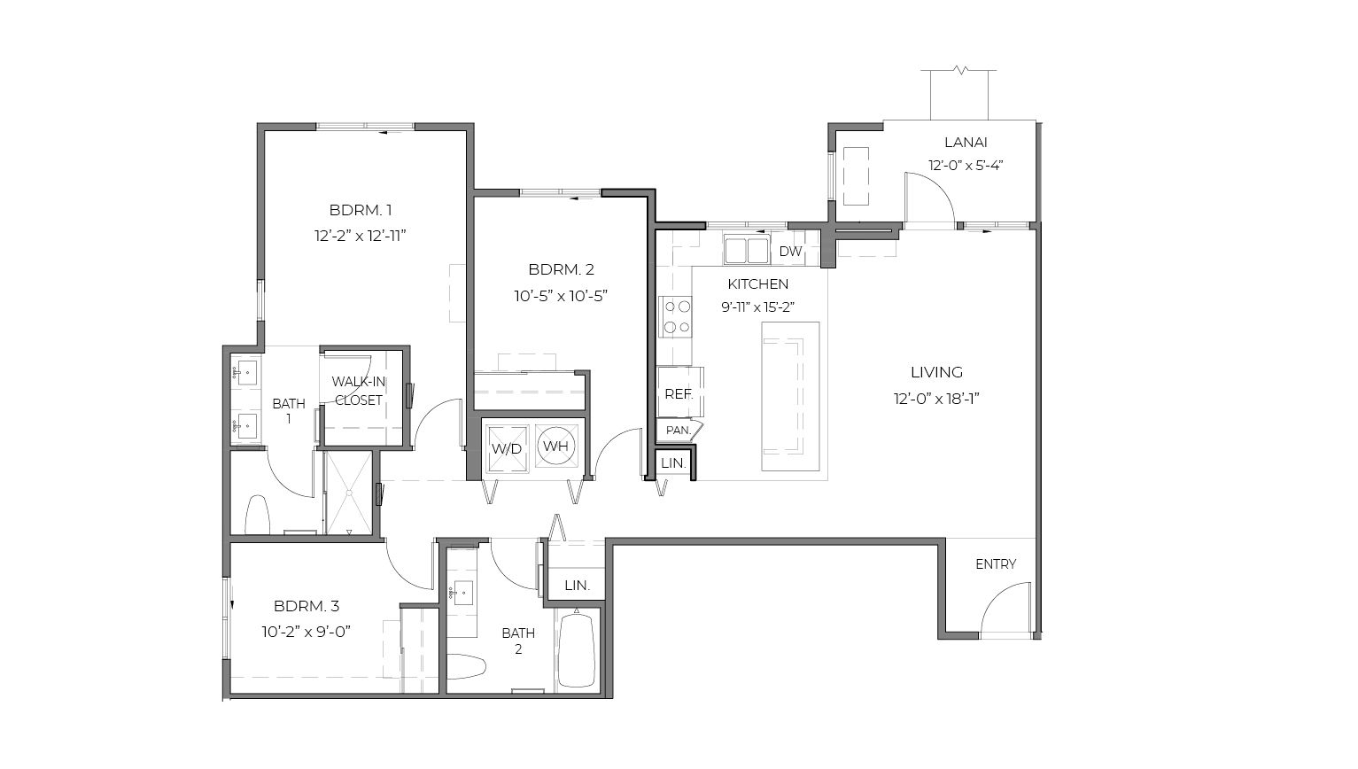 One story floor plan with three bedrooms and open living room