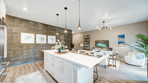 Interior kitchen island open to the living room