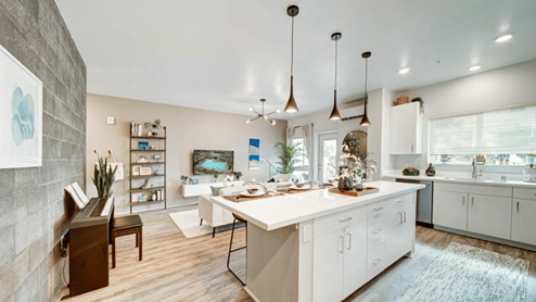 Interior kitchen island open to the living room